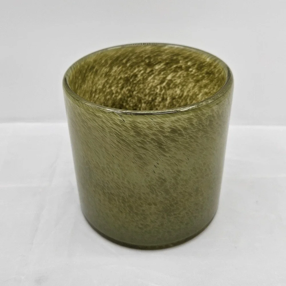 Hand Blown Olive Green Mottled Glass Vase Cylindrical Candle Holder 4.5x4in